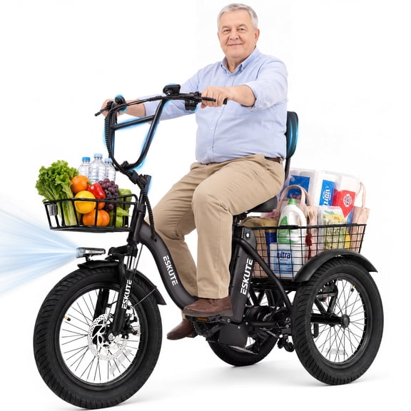 ESKUTE Adult Electric Tricycle, Folding Step-Thru E-Trike with Removable Battery, 18" x 3.0" Fat Tires, Long Range 3-Wheel Electric Bicycle for Daily Riding UL2849, Black