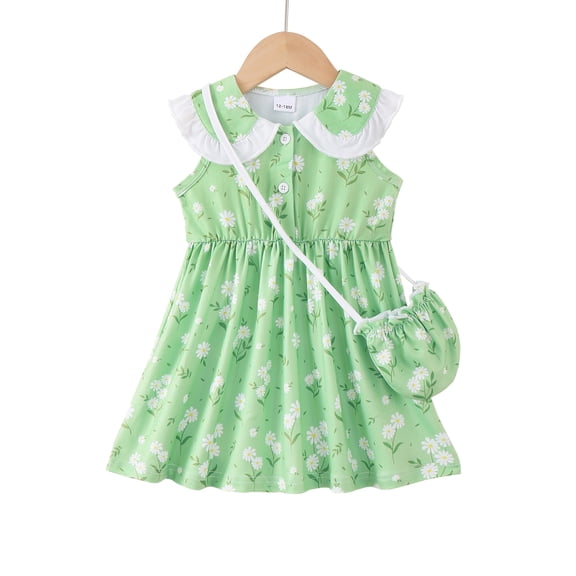 Baby Girls Clothes Toddler Girls Floral Dress 2T Girls Summer Dress 3T Girls Sundress Sleeveless Dress with Cute Bag Green
