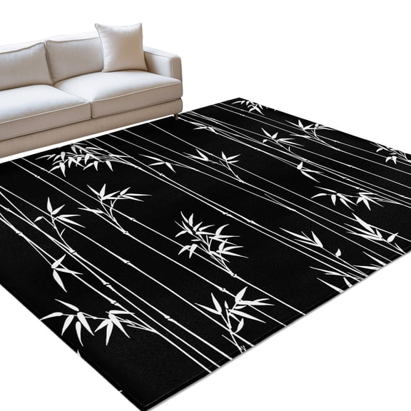 Black Bamboos Area Rugs 8x10ft Minimalist White Bamboos Stems Leaf Floor Rug Non Slip Low Pile Ultra Soft Throw Carpet for Entryway Indoor Entrance Kitchen Bathroom