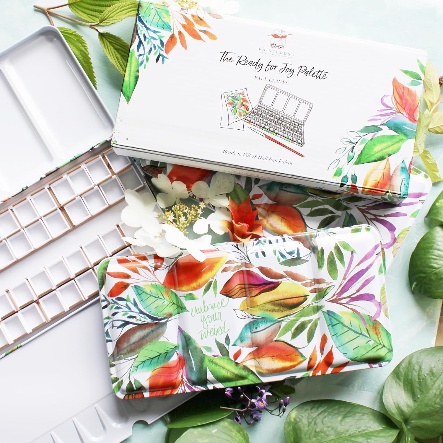 Fall Leaves-Kristy Rice Collectible Artist Watercolor Empty Paint Tray & 48 Watercolor Pans- Sturdy Empty Tin-Travel Watercolor & Lid-Watercolor Tin (Fall Leaves)