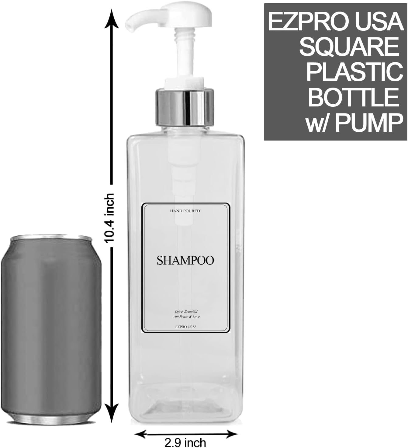 EZPRO USA Empty Plastic Bottles Pump Shampoo Conditioner Body Wash Face, in Shower Bath Soap Dispenser Reusable, Waterproof Labels Included, 27 oz 800 ml, Set of 4, Silver White, Clear Square Bottle