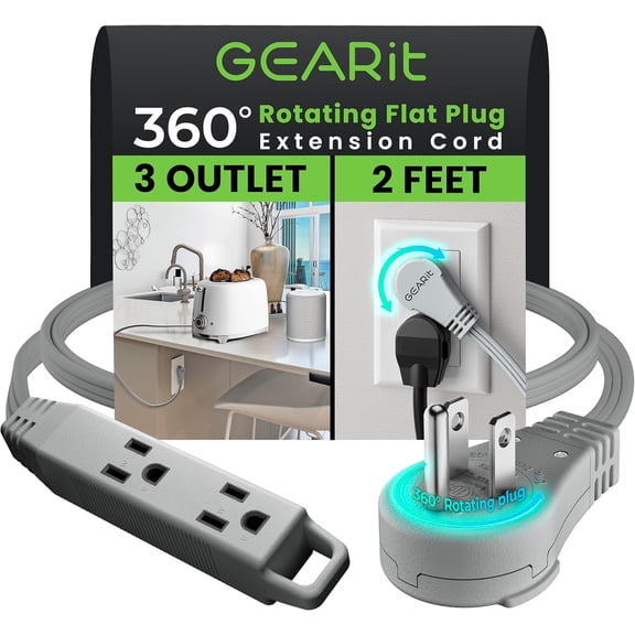 GEARit 360 Rotating Flat Plug Short Extension Cord with 3 Outlets (2ft, Gray), Outlet Saver for Home Office Dorm Room Essentials, ETL Certified