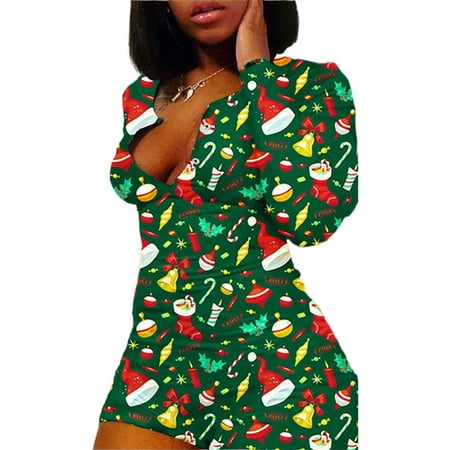 

wybzd Women s Christmas Printed Long Sleeve Pajamas Jumpsuit Plus Size Sleepwear Romper Green S-XXXXXL