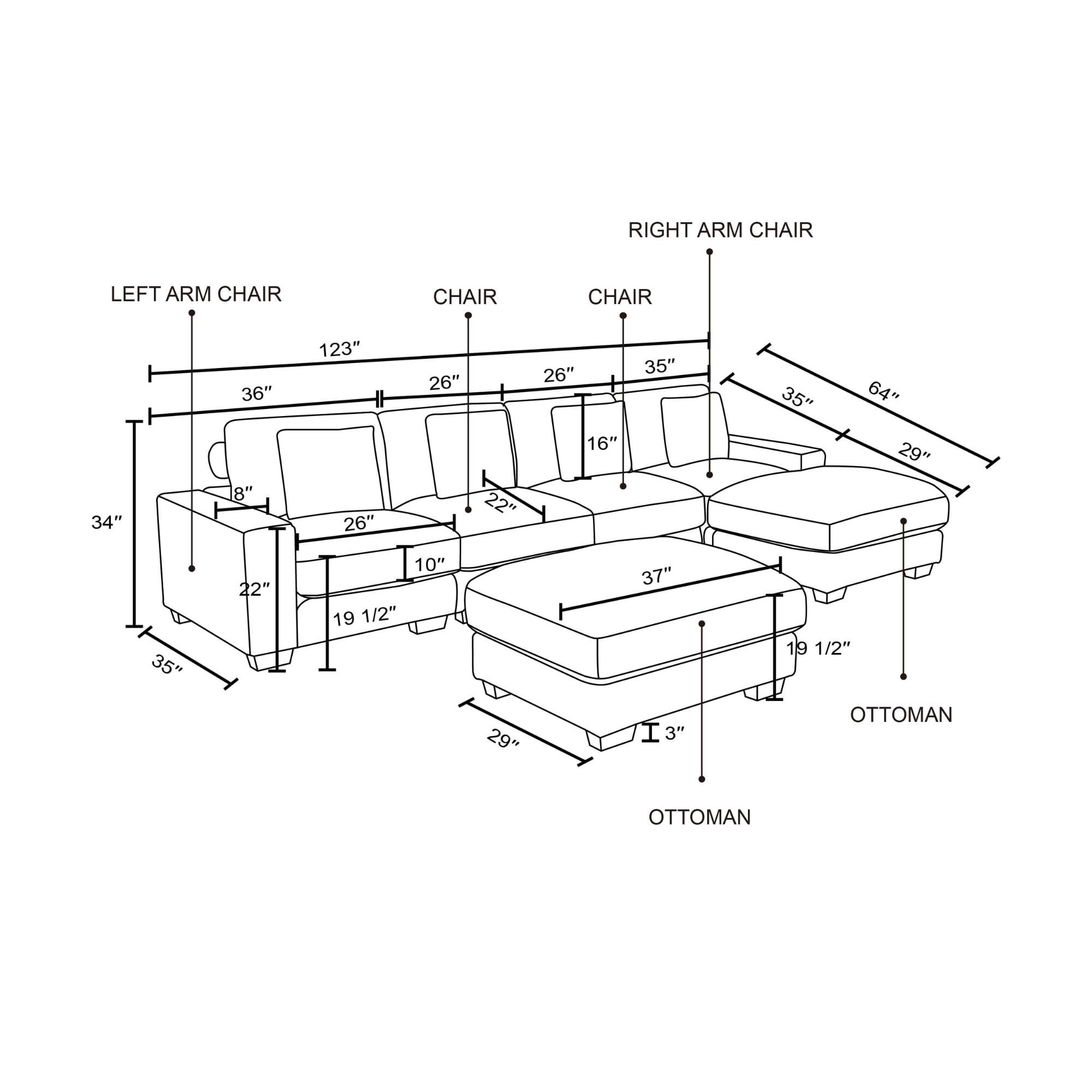 MAYEERTY Modular Sectional Sofa, Flocking Fabric Couch with Double Ottomans & Anti-Insect Frame, Green Living Room Furniture