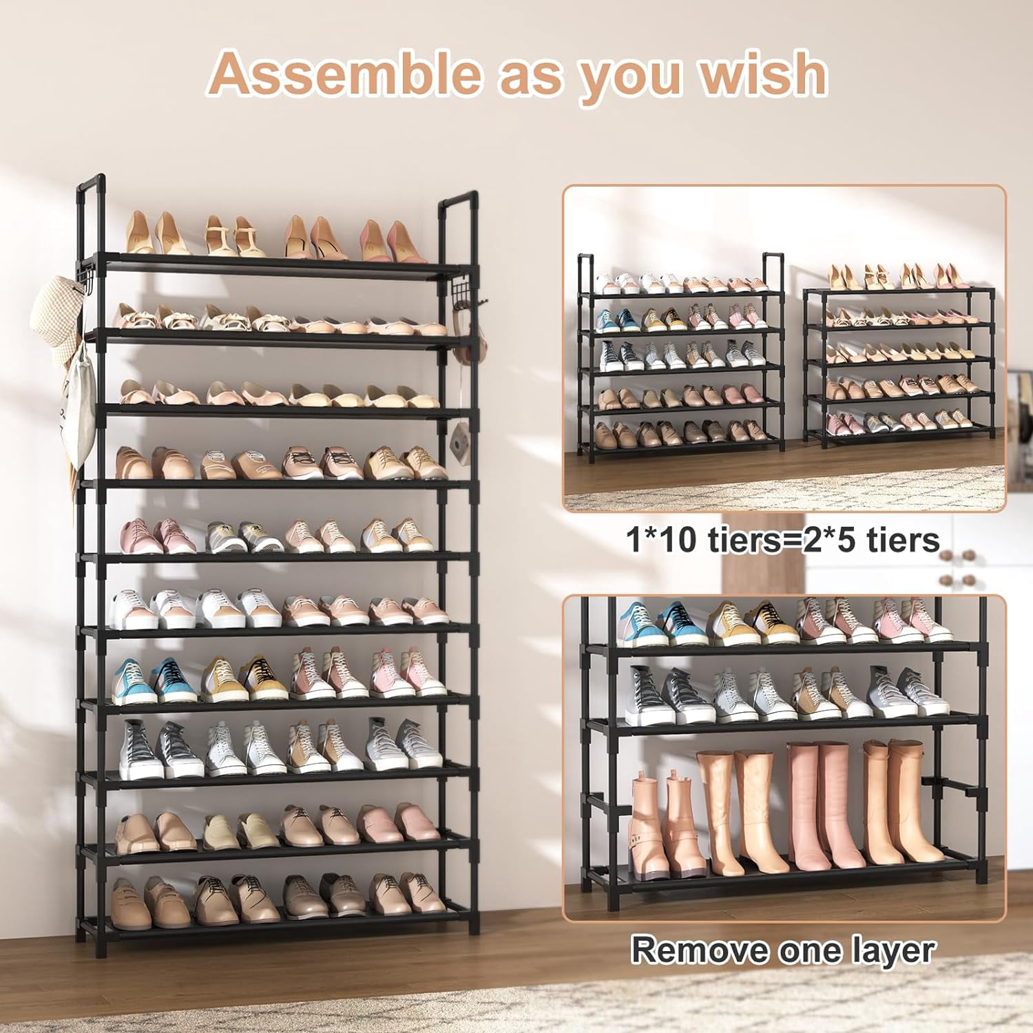 10 Tier Shoe Rack Tall Large Capacity Wide Shoe Organizer with Two Hooks Sturdy Metal Shoe Shelf for Entryway, Closet, Bedroom