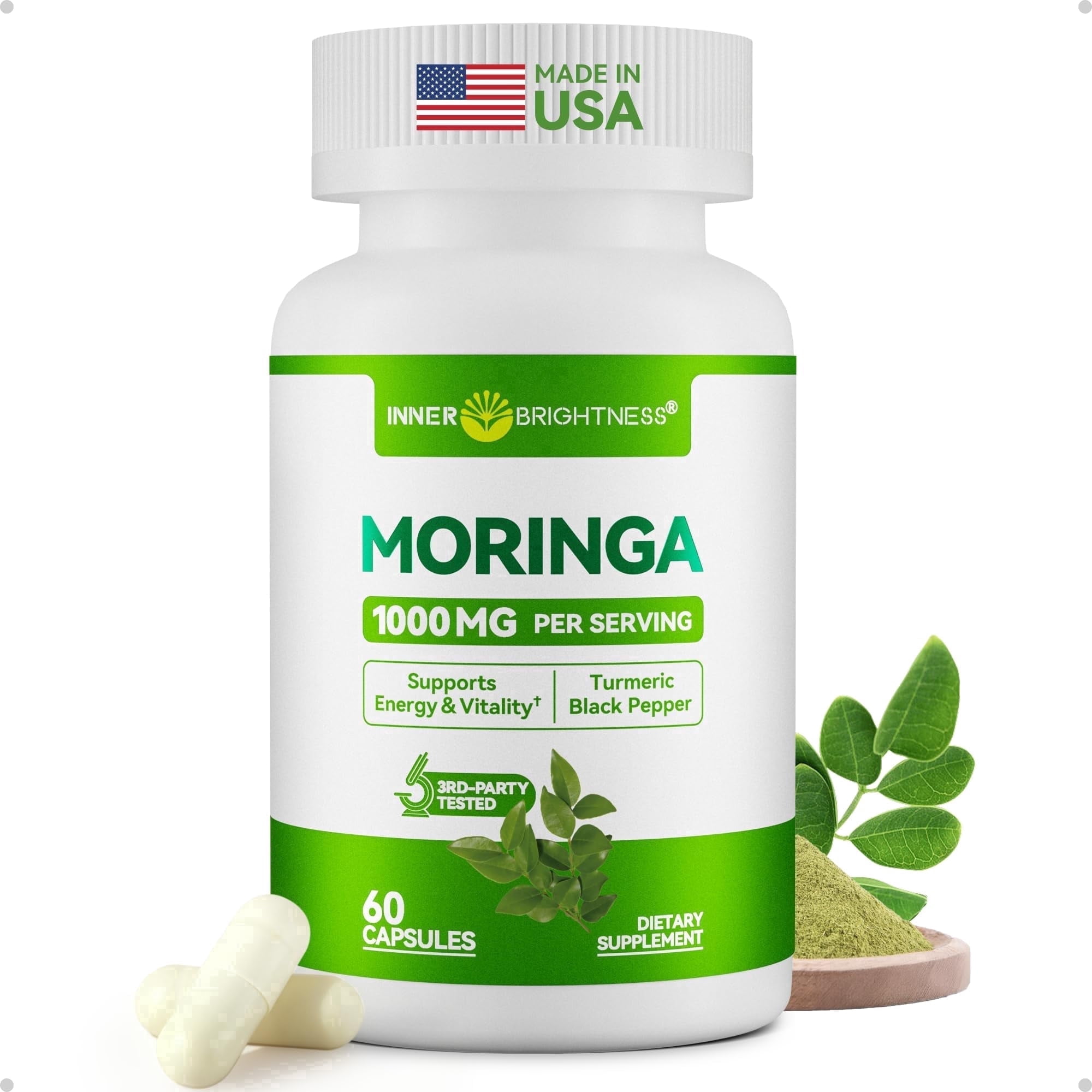 Inner Brightness Moringa Capsules 1000mg Per Serving for Men & Women – 10:1 Moringa Leaf Extract Green Superfood for Energy & Immune Support – Vegan, Non-GMO, 60 Count, Made in USA