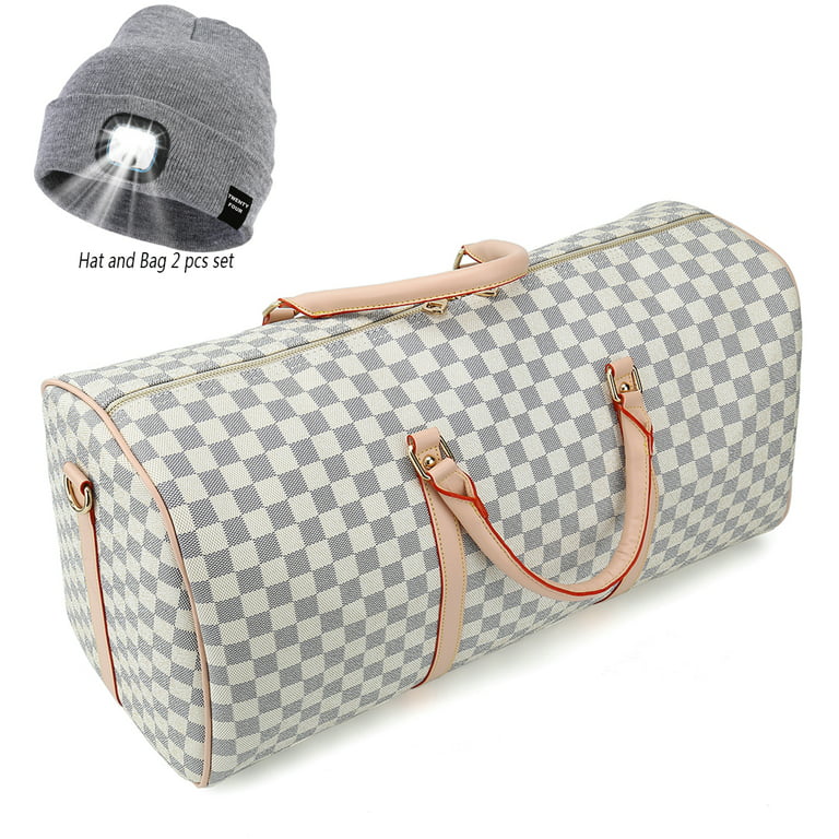 TWENTY FOUR 21Travel Duffel Bag Checkered Bag Weekend Overnight Luggage  With Unisex Beanie Hat with Light 