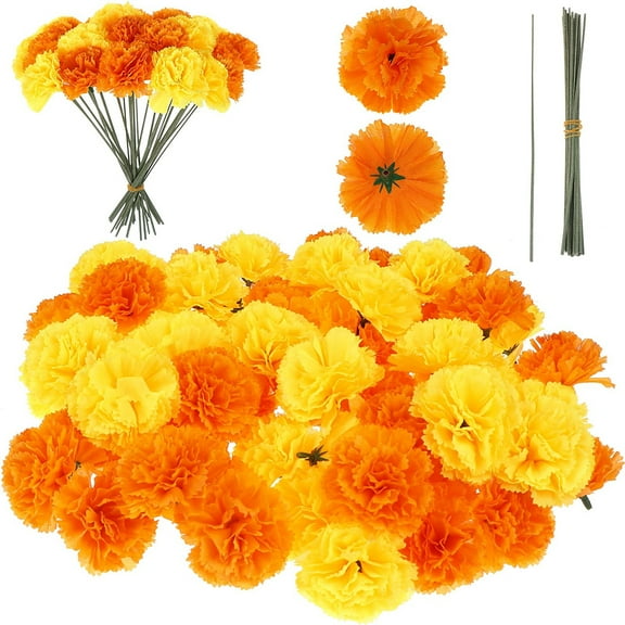 50PCS Marigold Artificial Flowers, Fake Marigold Flowers Faux Marigolds for Halloween Party Silk Cloth Marigold Flower Mexican Flowers for Diwali Decor with Flower Pole, Orange Yellow
