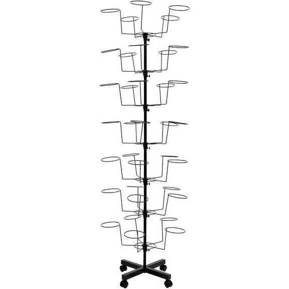 7 Tiers Rotating Hat Display Rack Stand, 35 Hooks Freestanding Hat Holder, Metal Floor Stand Hat Storage Organizer, Adjustable Headwear Rack with Wheels, Movable Hat Hanger for Wig Cap Baseball Hats