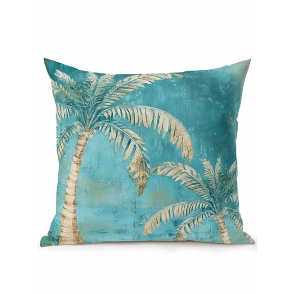 Outdoor Pillow Waterproof 1 Pack, Coastal Beach Palm Tree Patio Throw Pillows for Couch Bed Sofa with Insert, Retro Teal Tropical Plant Summer Decorative Travel/Reading/Camping Pillow Set 16x16 Inch