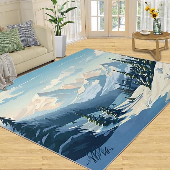 Mountain Landscape Area Rug, Winter Snow-Capped Peaks Pine Forest Living Room Rug Cabin Lodge Style Bedroom Rug, Machine Washable Carpet for Front Entrance Floor Decor 4 x 6ft