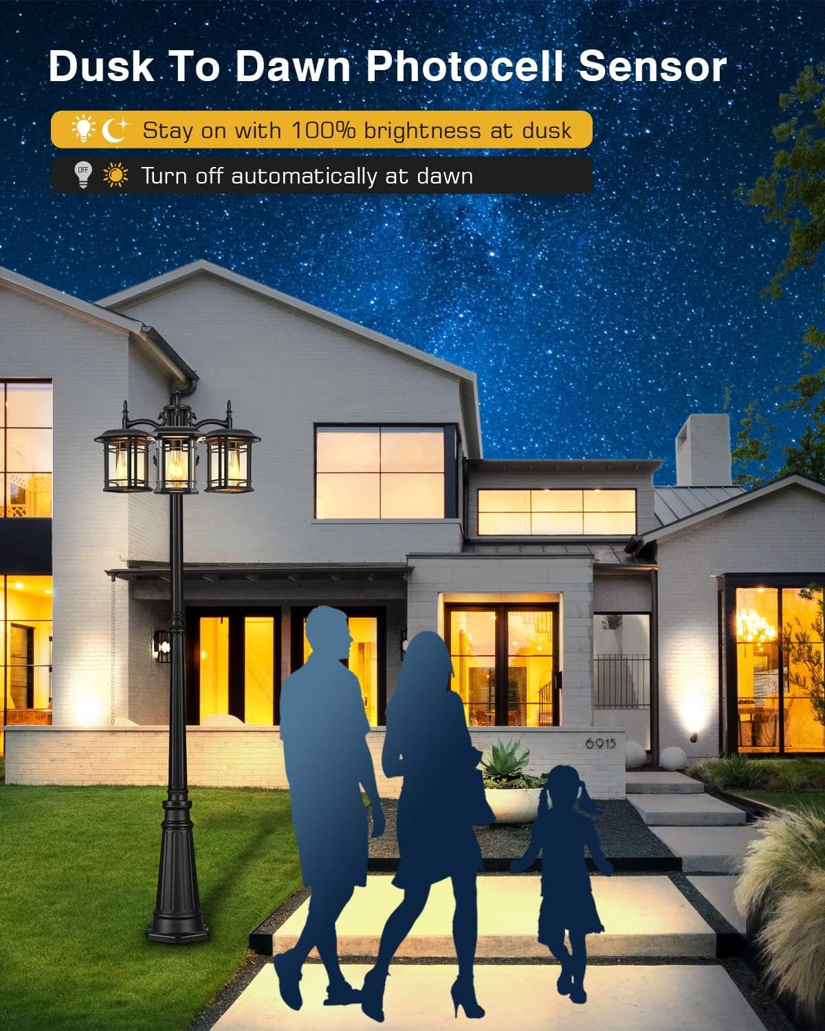 VIANIS Outdoor Lamp Post Light with Outlet 3-Head, Waterproof Outdoor Lamp Post Sconce, Anti-Rust Black Dusk to Dawn Street Light Pole for Garden, House, Doorway, Weather Resistant