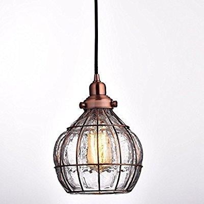 yobo lighting vintage cracked glass & rustic wire ceiling pendant light, red antique copper