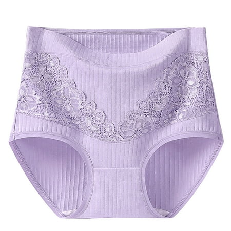 Jalioing Plus Size Underwear for Women Lace High Waist Panty Cotton Solid Color Comfy Briefs XL-6XL (3X-Large  Purple)