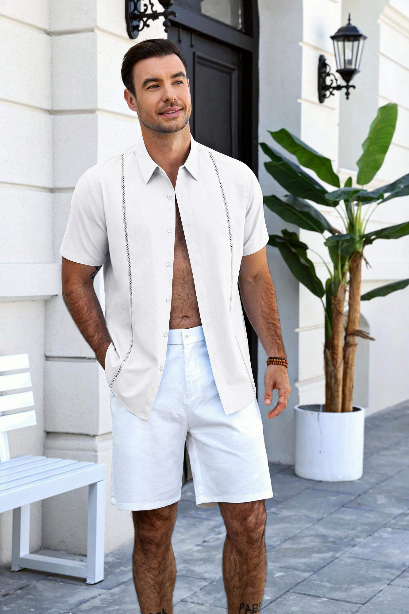 COOFANDY Men's Relaxed Fit Button-Up short Shirt with Decorative Stripes - Casual and Office Wear