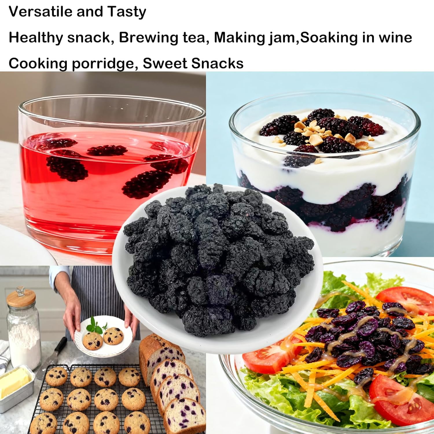 Dried Black Mulberries Top Grade Premium, Wild Black Mulberry Dried Fruit No Sugar Added,Vegan, Natural for Healthy Snacking, Baking,Tea 16OZ/Bag
