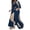 Blue, variant on Women V-neck Patchwork Printed Top And Pants Suit Contrasting Color Commuting Set Wide-leg Trousers And Extra-length Top Loose Fit Outfit for Various Occasions