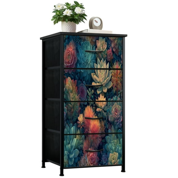 Vintage Dresser for Bedroom with 4 Storage Drawers Colorful Succulent Vibrant Foliage Artistic Botanical Design Dressers Chest of Drawers Steel Framed Fabric Closet Organizers for Entryway