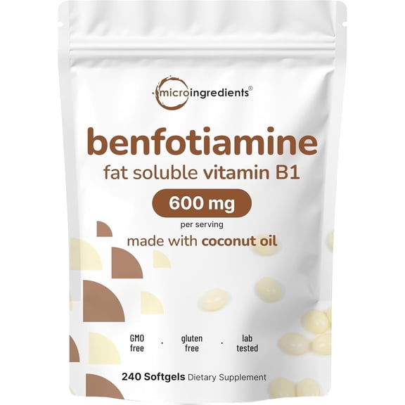 Micro Ingredients Vitamin B1 Benfotiamine 600mg Per Serving, 240 Coconut Oil Softgels | Fat Soluble Vitamin B1 Thiamine Supplement