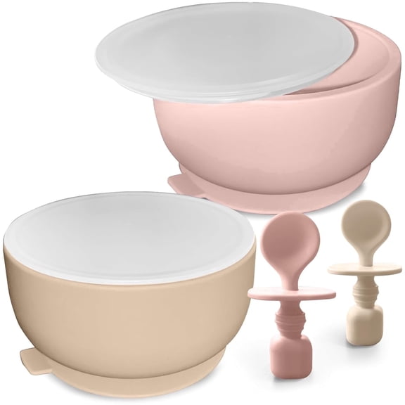 Sperric Silicone Baby Feeding Set - Infant Suction Bowls with Lids and Spoons | BPA Free Toddler Self Feeding Utensils for 0-6 Months (Beach Sand)