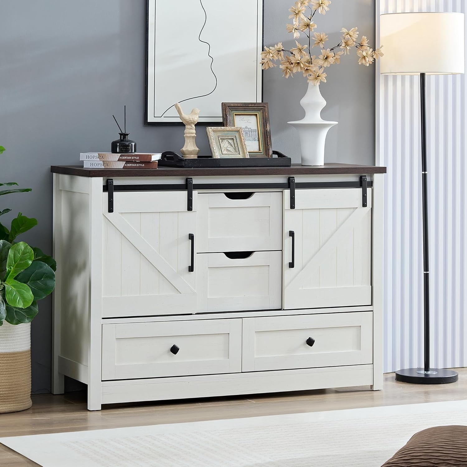 BOSHIRO 4-Drawer Sliding Barn Door Dresser, Antique White with Dark Brown Top, Farmhouse Wide Chest for Bedroom and Living Room