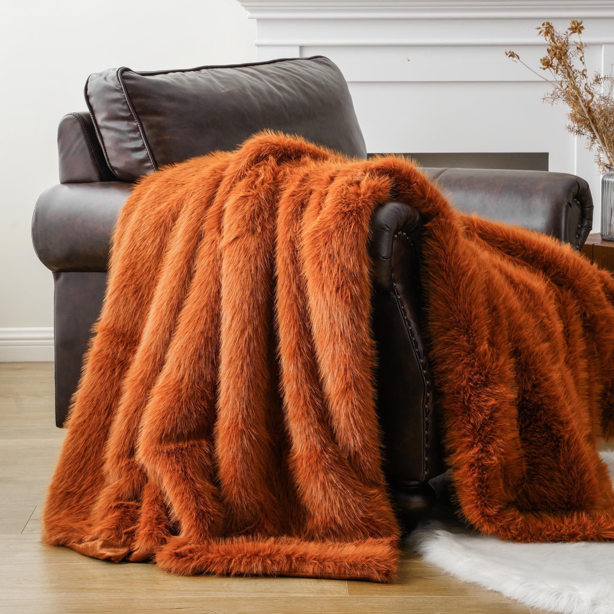 Battilo Luxury Fluffy Orange Faux Fur Throw Blanket, Fall Rust Fur