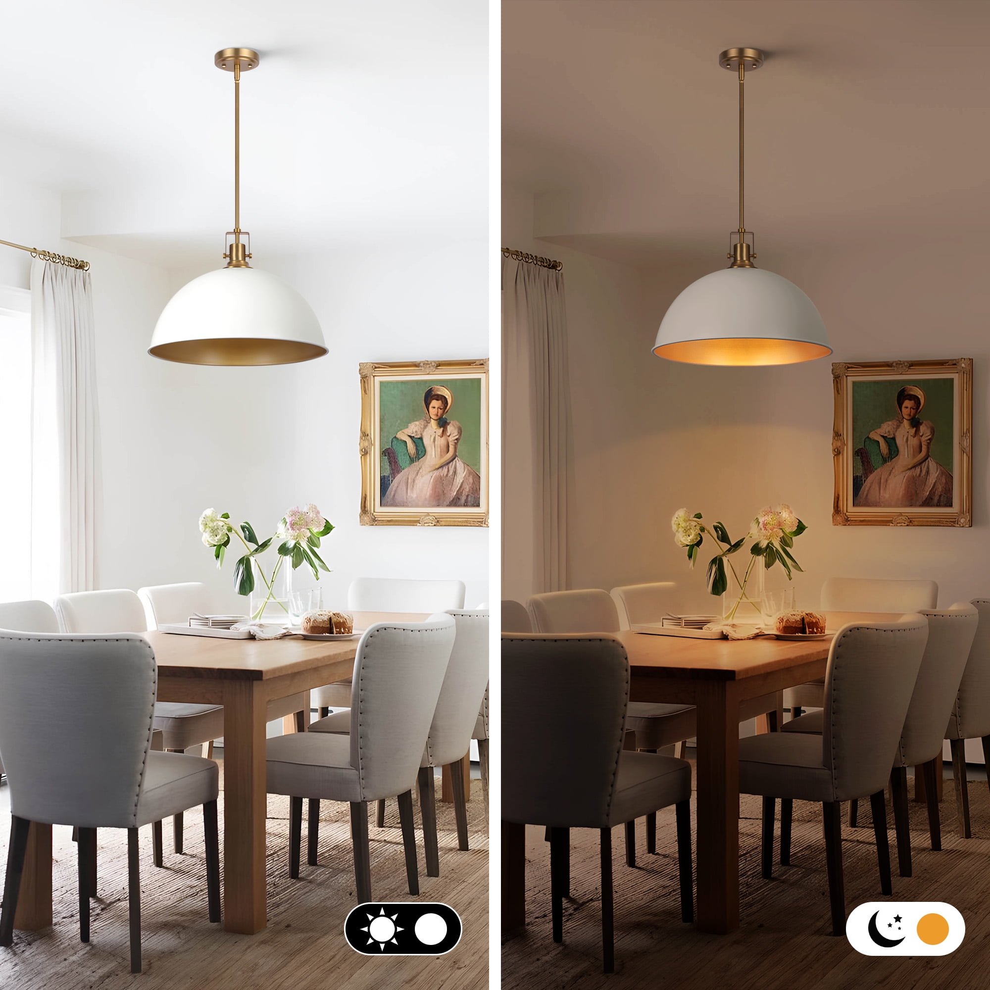 Modern Pendant Light, 18"Farmhouse Pendant Light Industrial Large Dome White and Gold Chandelier Ceiling Hanging Lighting for Dining Room Kitchen Island Bar Hallway Entryway