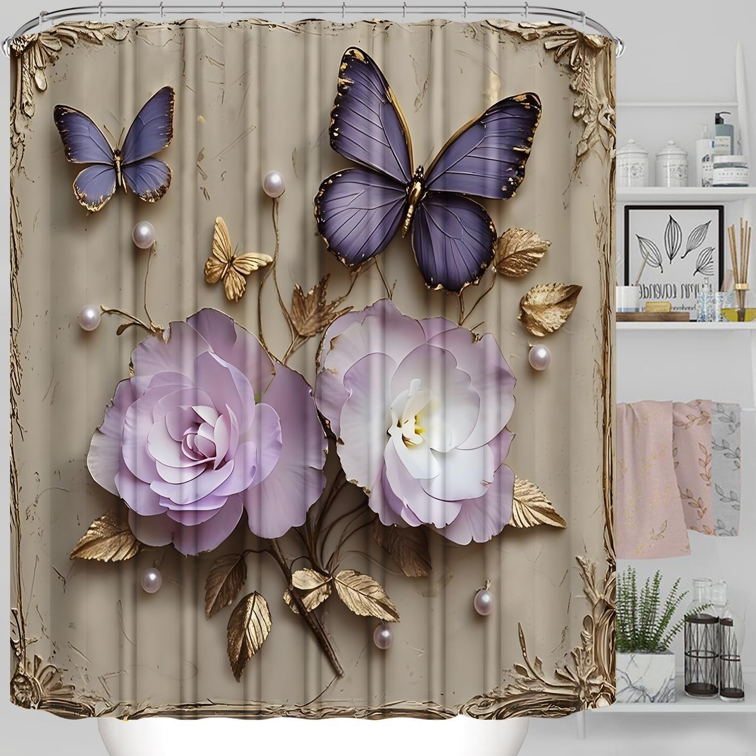 4Pcs Spring Themed Shower Curtain Set with Rugs Vintage Butterflies Bathroom Sets Floral Shower Curtain with 12 Hooks Bathroom Decor with Rugs Bath Accessories with Mats Toilet Lid Cover