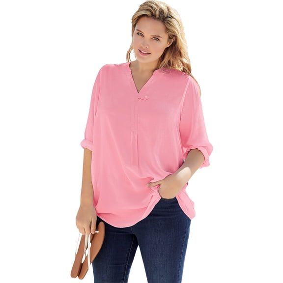Woman Within Plus Size Rayon Three-Quarter Sleeve Effortless Tab-Front Blouse