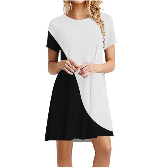 Womens Summer Plus Size Dresses Casual Color Block Patchwork Print Mini Sundress Tunic Round Neck Short Sleeve Dress