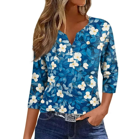 NAMTYQX Spring Tops for Women Casual Comfort Soft Plus Size Loose Fit 3/4 Sleeve Trendy Button V Neck Blue Size M