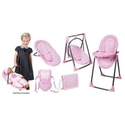 Lissi: 6-In-1 Convertible Highchair Play Set - Pink & Grey Polka Dot - Highchair-Swing-Bed-Carrier, Toy Bag & Accessories For Dolls Up To 18, Kids 3+