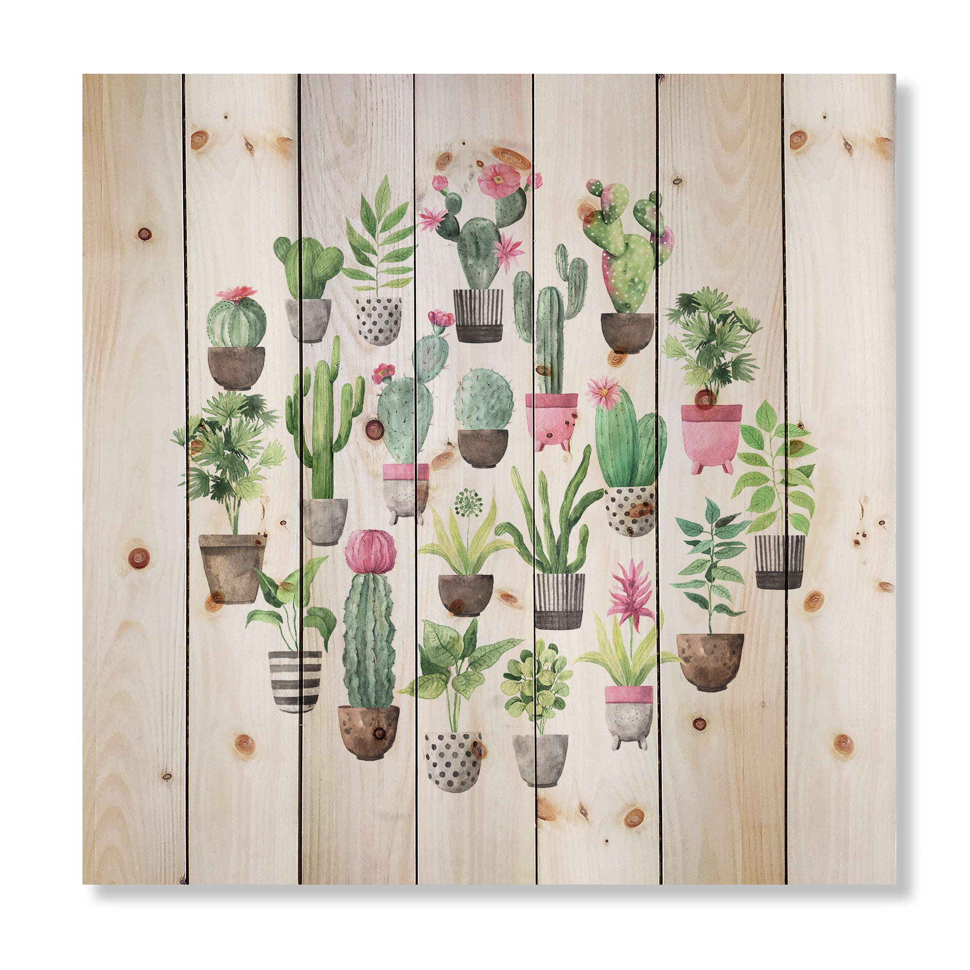 Designart 'Cactus In Ceramic Pots In Gentle Tones II' Botanical Print on Natural Pine Wood