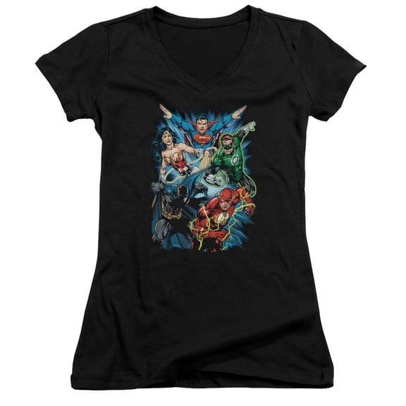 JLA Justice League Jl Assemble Junior Women's T-Shirt V-Neck Black
