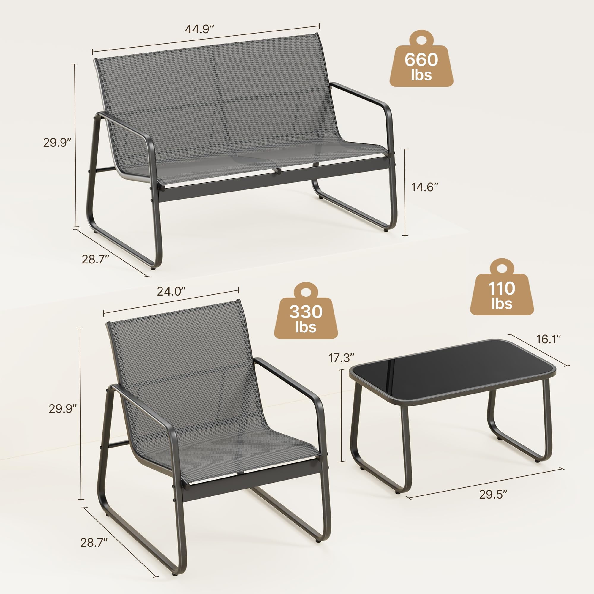 Aiho 4 Pieces Patio Furniture Set Clearance with Glass Coffee Table, Outdoor Textilene Chairs Set for Garden, Backyard -Gray