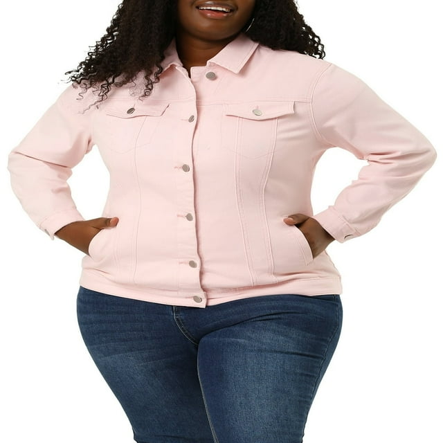 Unique Bargains Women‘s Plus Size Long Sleeve Button Front Washed Denim Jacket
