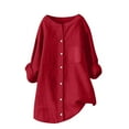 thumbnail image 4 of YUGYXL Women's Solid Collared Linen Shirts Lightweight Fall Winter Tops Long Sleeve Button Down Casual Blouses Red L, 4 of 8