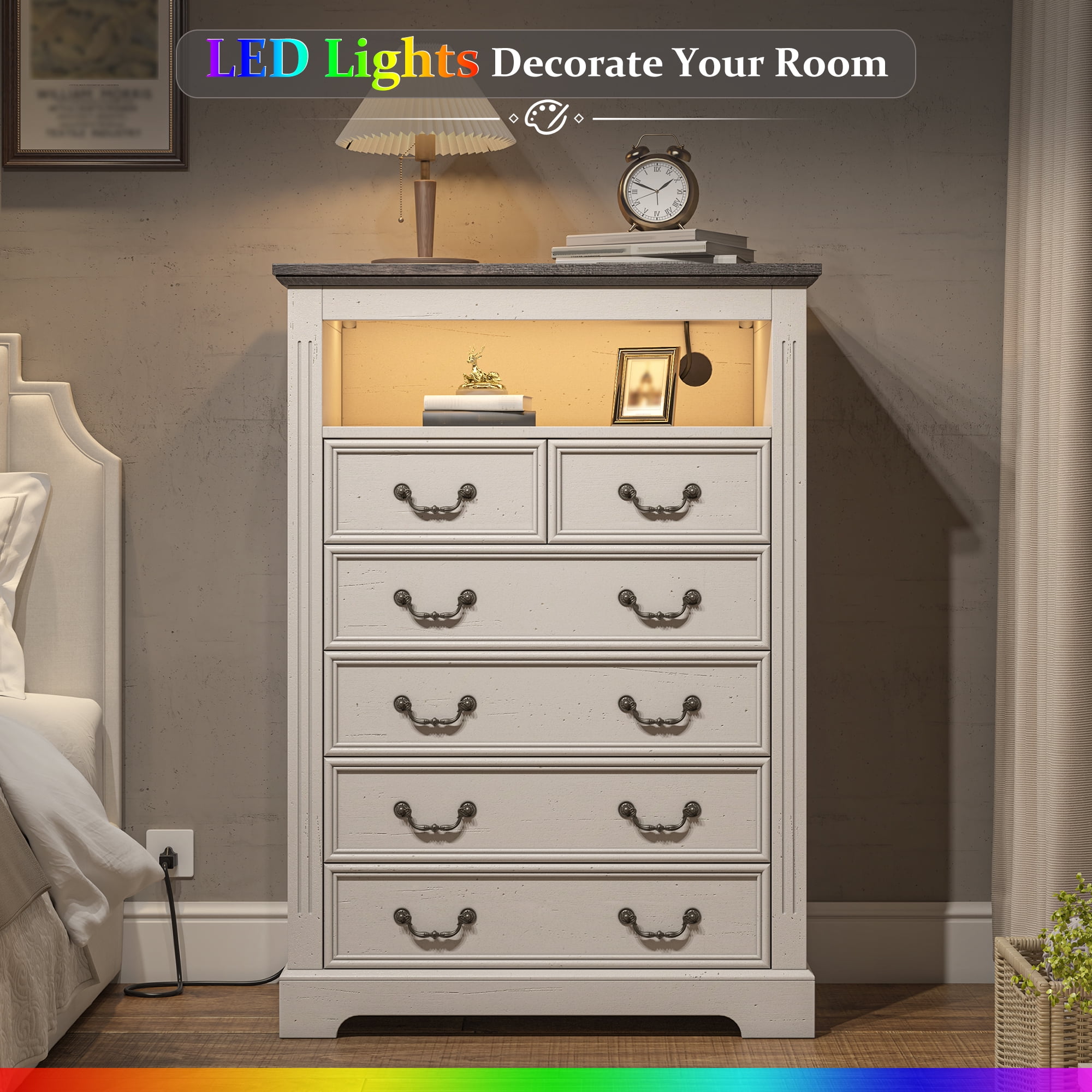 EnHomee Dresser for Bedroom Wood Dresser with LED Lights & Charge Station White Dresser with 6 Drawers