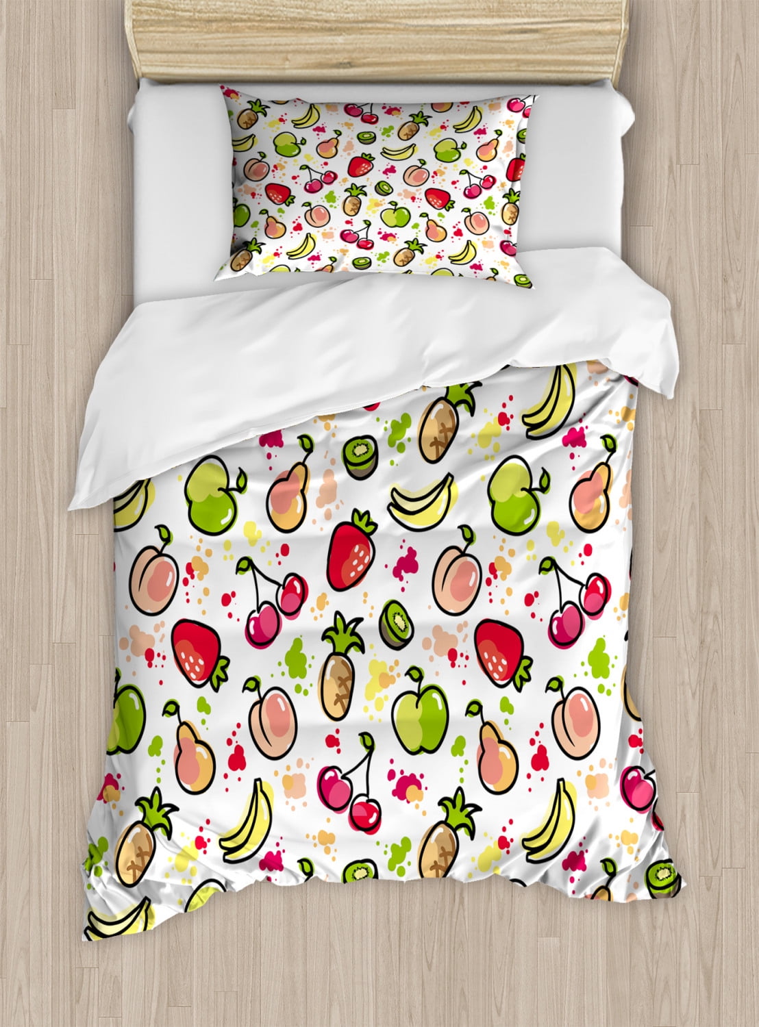 Fruits Duvet Cover Set Twin Size, Watercolor Pear Cherries Kiwi Apple