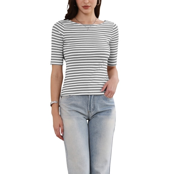 Striped T-Shirt for Women Boat Neck Half Sleeve Tops Slim Fit Casual Trendy Outfits XS White