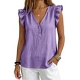 thumbnail image 2 of Only Moment Summer Tops V Neck Summer Business Casual Tank with Ruffled Cuffs 60%Cotton，40%Linen Scoop Neck Ribbed Knit Basic Fitted Cami Shirts Purple,XXL, 2 of 6