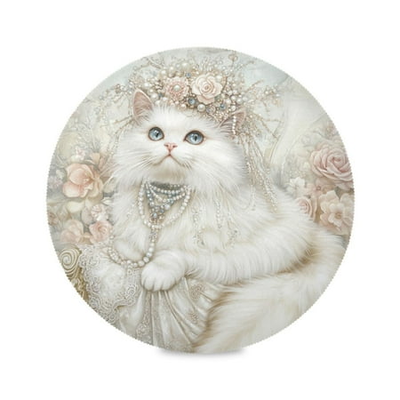 

WOBOGO Gorgeous White Cat Round Placemats Set of 1 Heat Resistant Washable Kitchen Table Decorations 15.4in