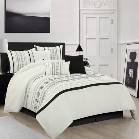 Lanco Pleated Striped 7 Piece Comforter Set  White  King  Geometric  100% Polyester & Fill Give your bedroom a modern and luxurious makeover with this elegant comforter set with a fashion forward pleated design with embroidered details. Constructed of 100% polyester fabric and filling  this bed set comes with 1 comforter  2 shams  1 bed skirt  and 3 decorative pillows that flaunt excellent workmanship and quality. The complete bed set built to last  this bedding set is made with strict quality control standards and comes with everything you need for a complete bedroom makeover. Made with high strength polyester  this beautiful bedding set can be machine washed and dried on a low tumble setting for easy care.; Dimensions: 1 Comforter - 104 inches x 92 inches  1 Bedskirt - 78 inches x 80 inches + 15 inch drop  2 Pillow Shams - 36 inches x 20 inches  3 - Decorative Pillows - 18 inches x 18 inches  16 inches x 16 inches  12 inches x 18 inches; Set Includes: (1) Comforter  (1) Bedskirt  (2) Pillow Shams  (3) Decorative Pillows