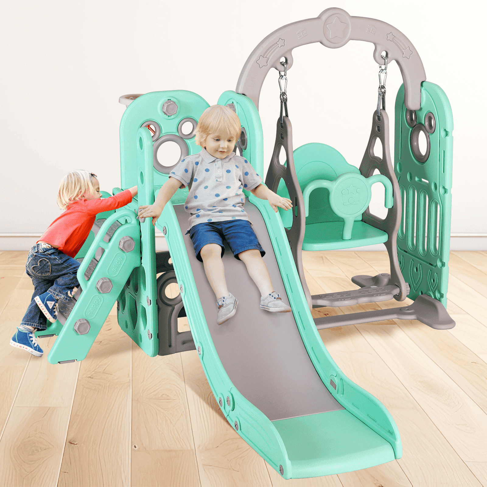 LAZY BUDDY Kids Slide and Swing Set, Toddler Swing Set with Basketball Hoop, Storage Space, Outdoor Indoor Playground for Toddlers 2+