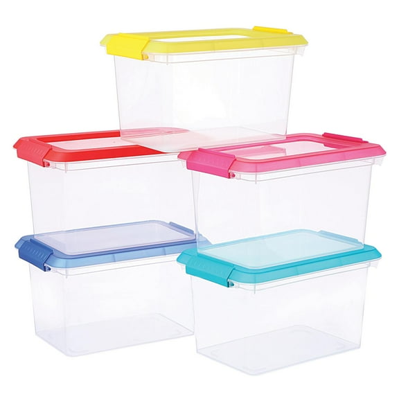 6.2qt. Storage Bins with Lids by Simply Tidy - Clear Stackable Plastic Containers with Multi-Colored Lids for Home - Office & Craft Organization - 5 Count