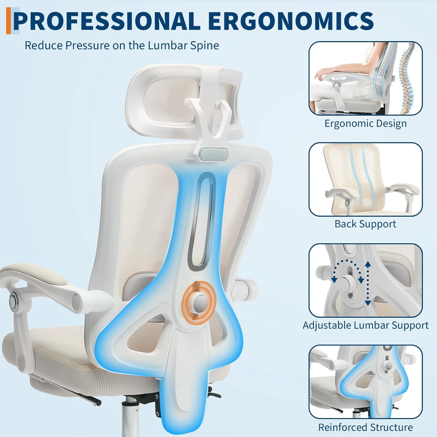 High-Back Ergonomic Office Chair with Mesh, Footrest & Lumbar Support, 350 Lb Capacity Adjustable Desk Chair for Home/Gaming