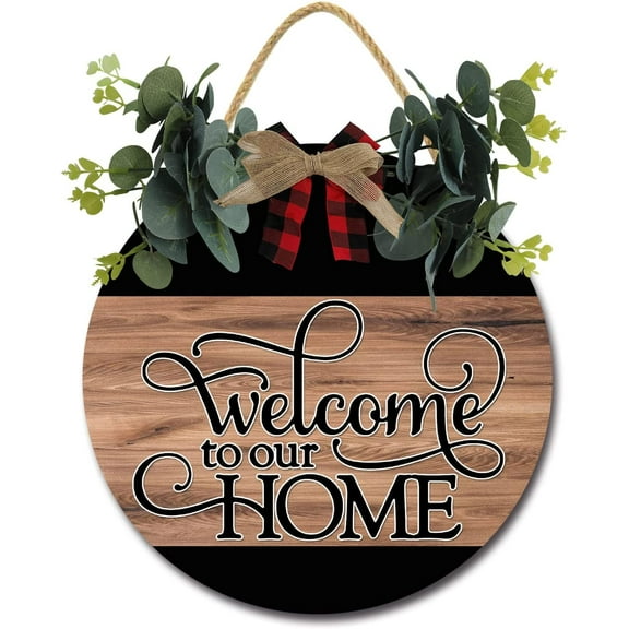 Eveokoki 12" Rustic Sign Welcome To Our Home Sign Door Decor Wooden Front Door Hanger Wall Art Door Hanging Fall Winter Farmhouse Indoor Outdoor Home Porch Yard Decor