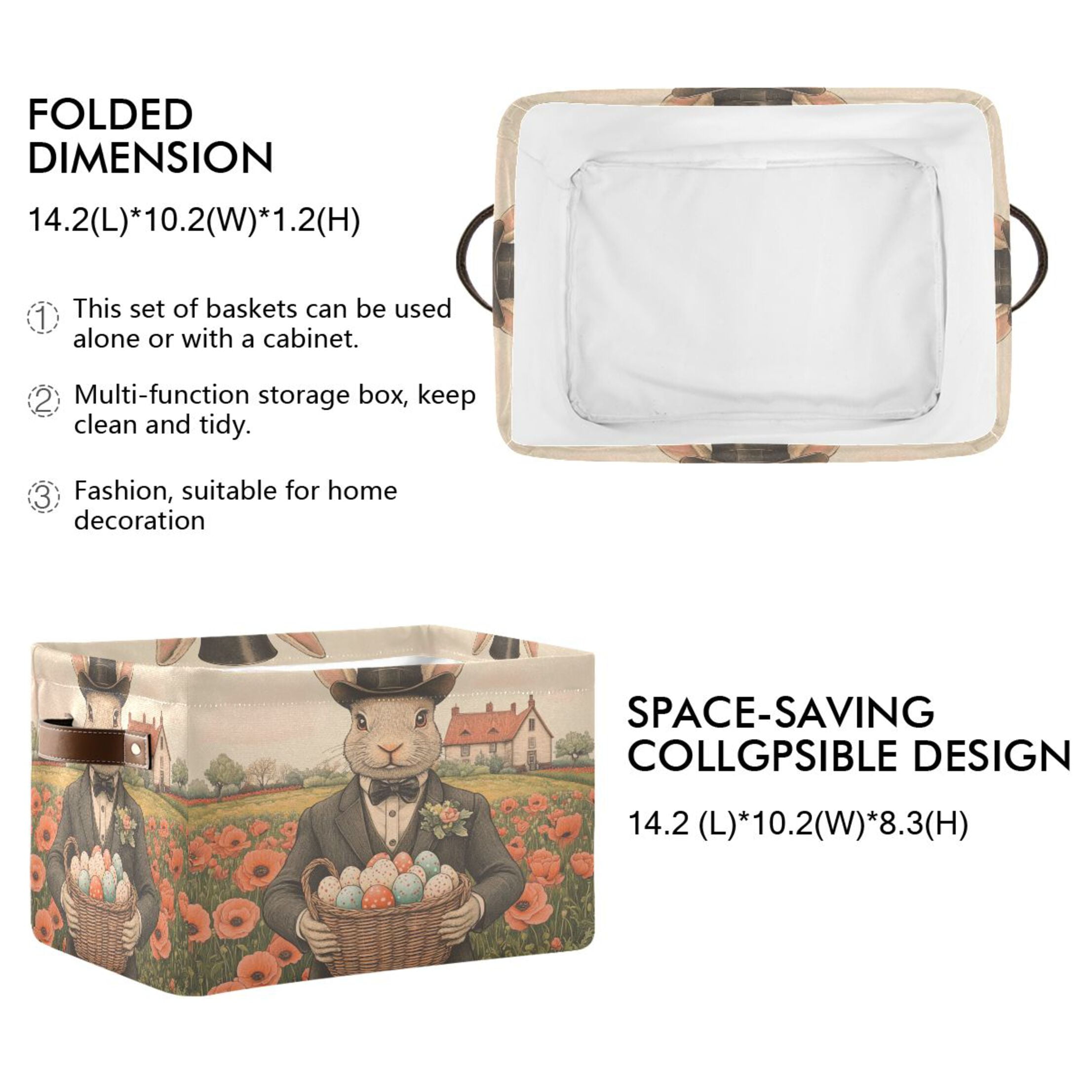 WOBOGO Mister Easter Bunny Square Storage Basket with Waterproof Canvas and PE Lining Durable PU Leather Handles 14.2×10.2×8.3in