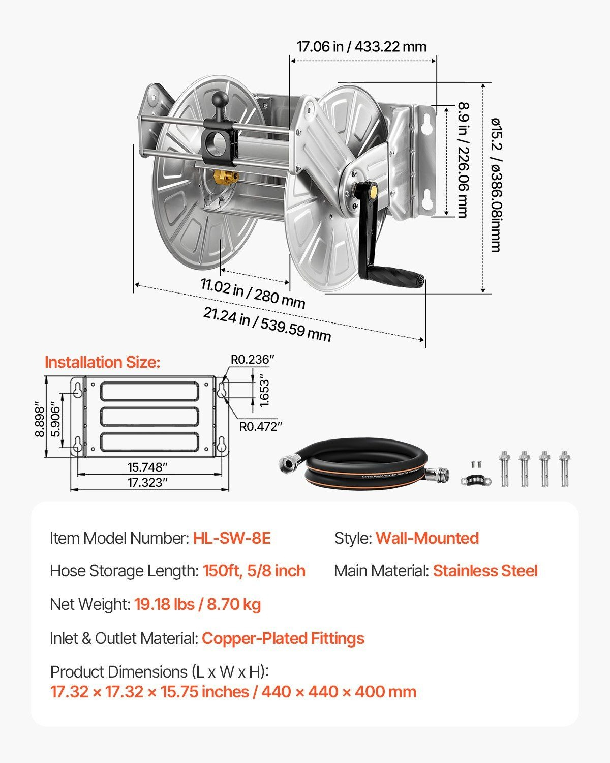 Garden Hose Reel Wall Mounted, 150ft Hose Holder, Stainless Steel Winder