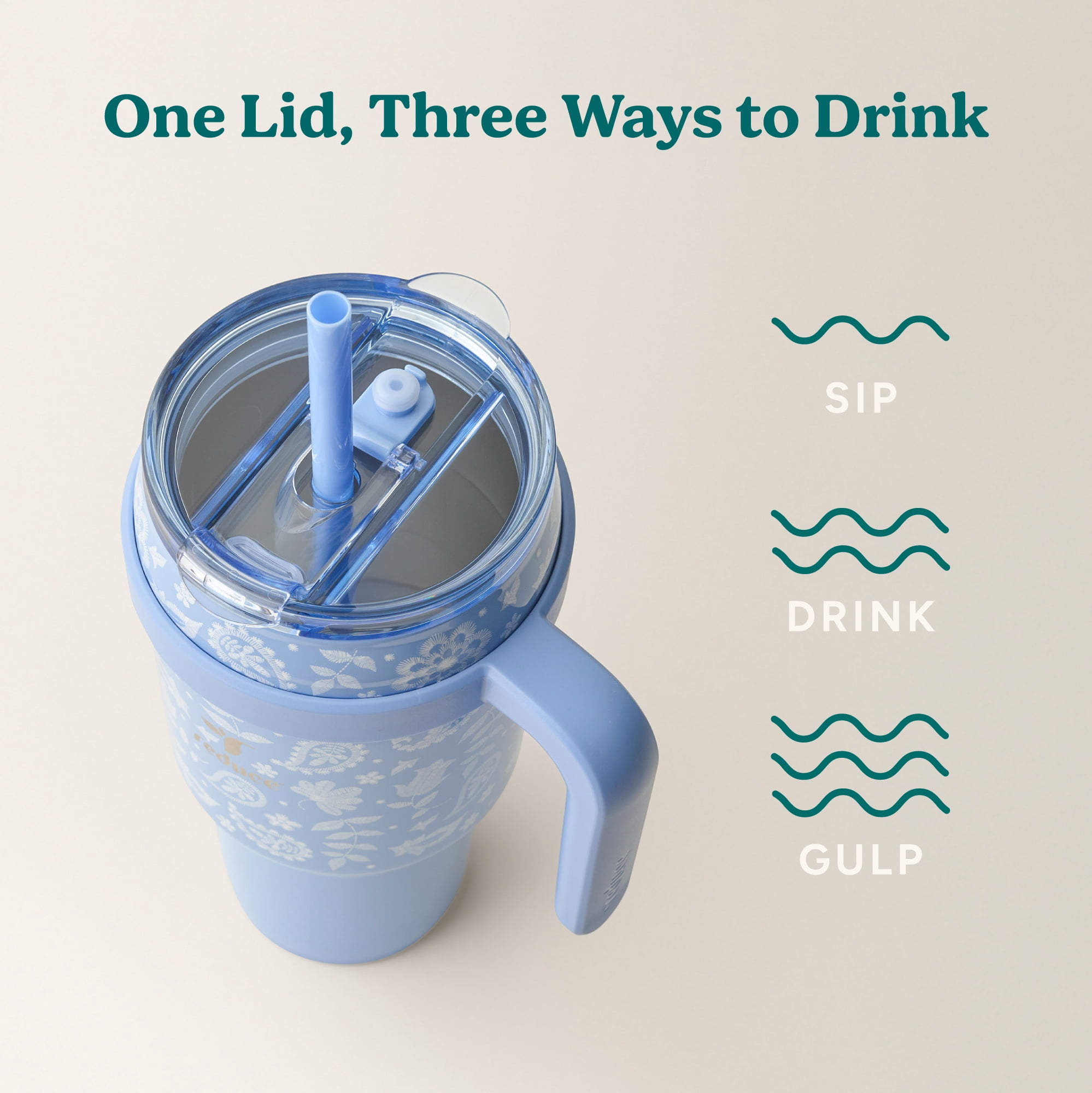 Reduce 40oz Cold1 Travel Mug with Straw and Straw Topper, Lid & Travel Handle, Insulated Stainless Steel, Embroidered Sky Blue